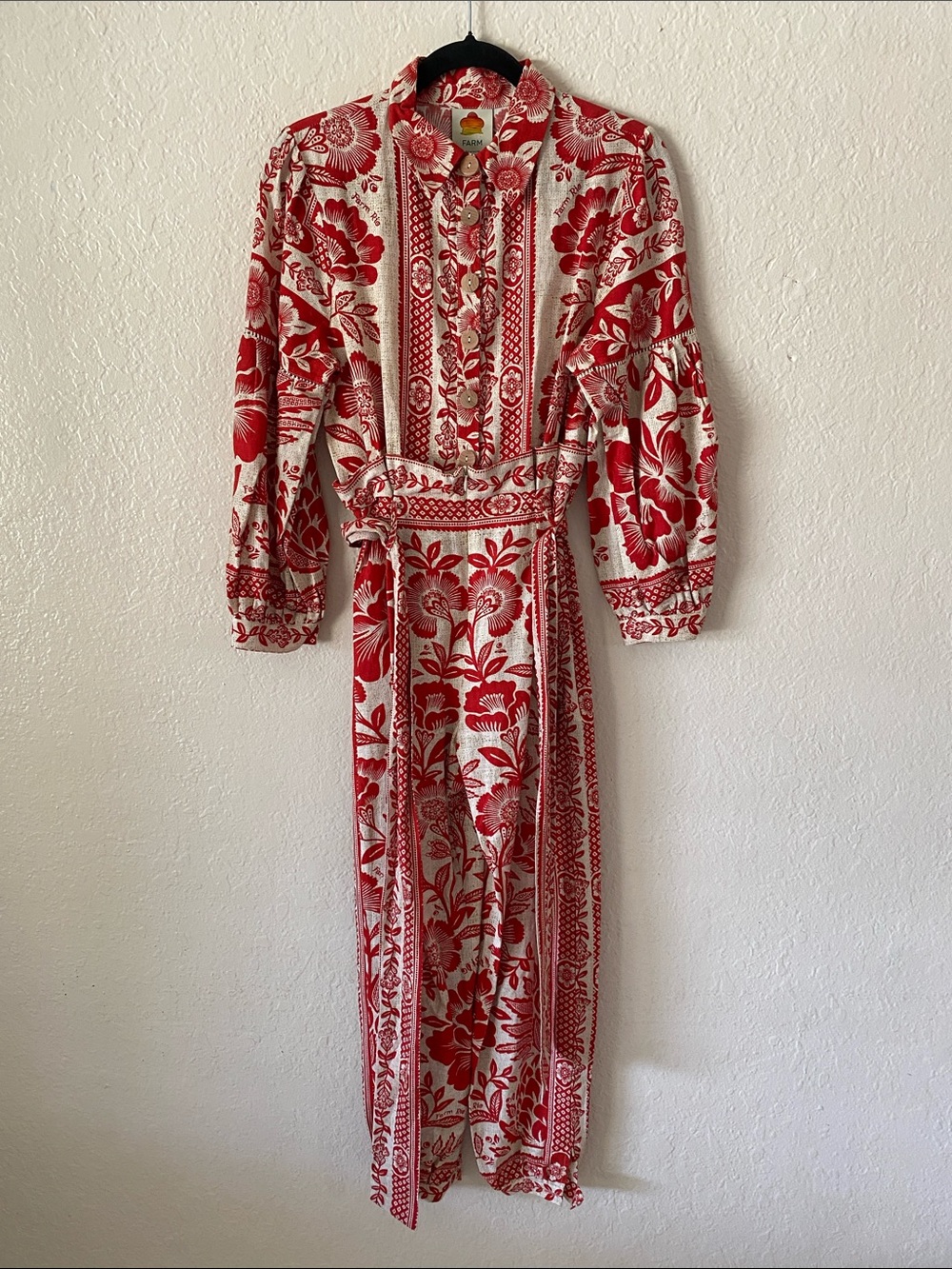FARM Rio Pineapple Garden Jumpsuit Size XS Red Cream Floral Tie-Waist Boho Chic - Picture 6 of 14